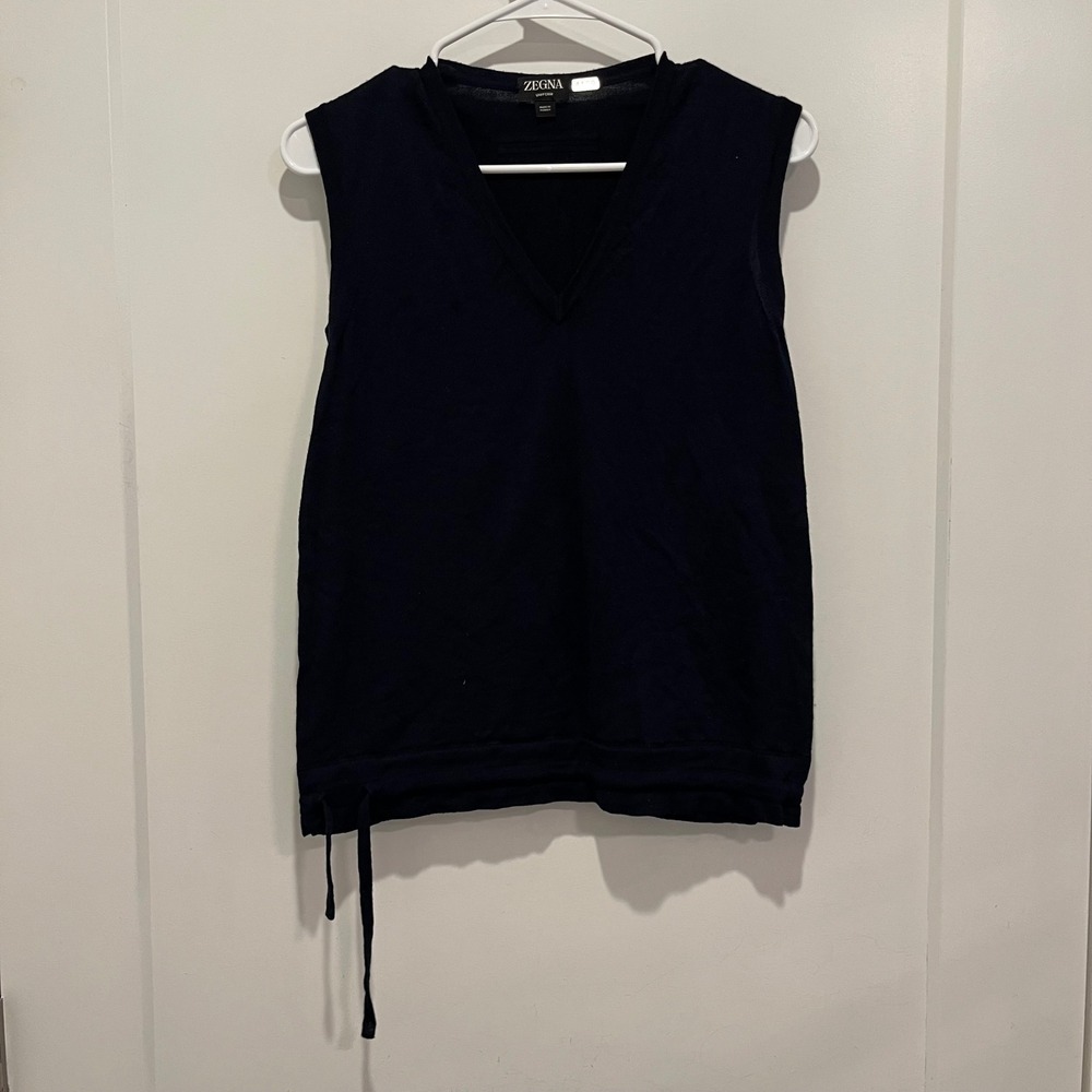 Zegna Uniform Navy Blue 100% Wool Knit Sweater Vest Drawstring Made in Turkey